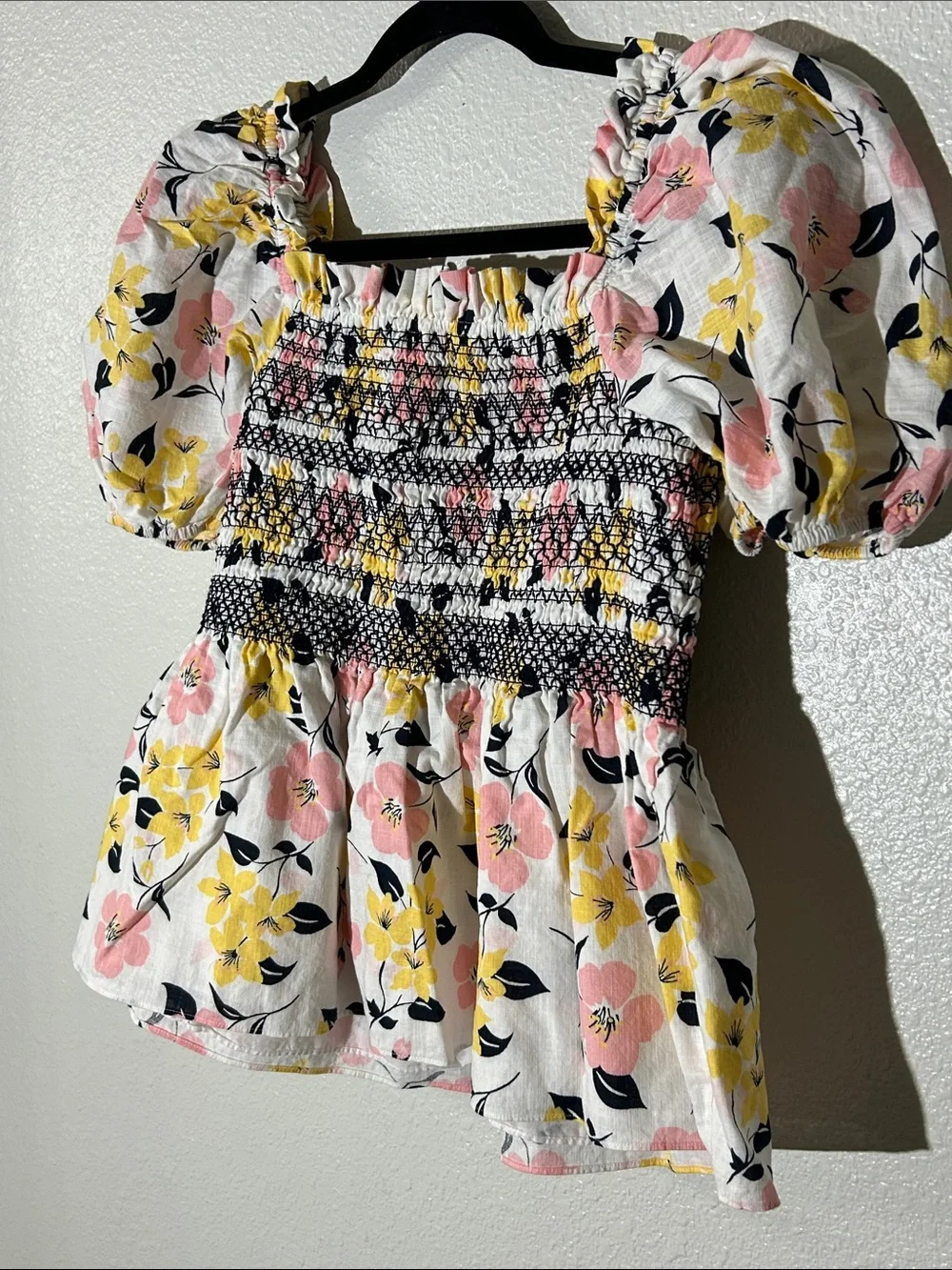 Kate Spade Lilly Blooms Puff Sleeve Peplum Top - Pink & Yellow